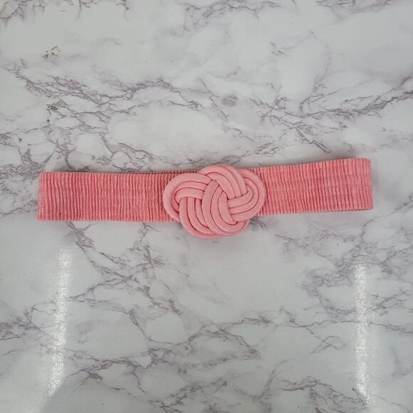 Vintage 80s Baby Pink Celtic Knot Rope Buckle Smocked Fabric Stretch Belt main image 5